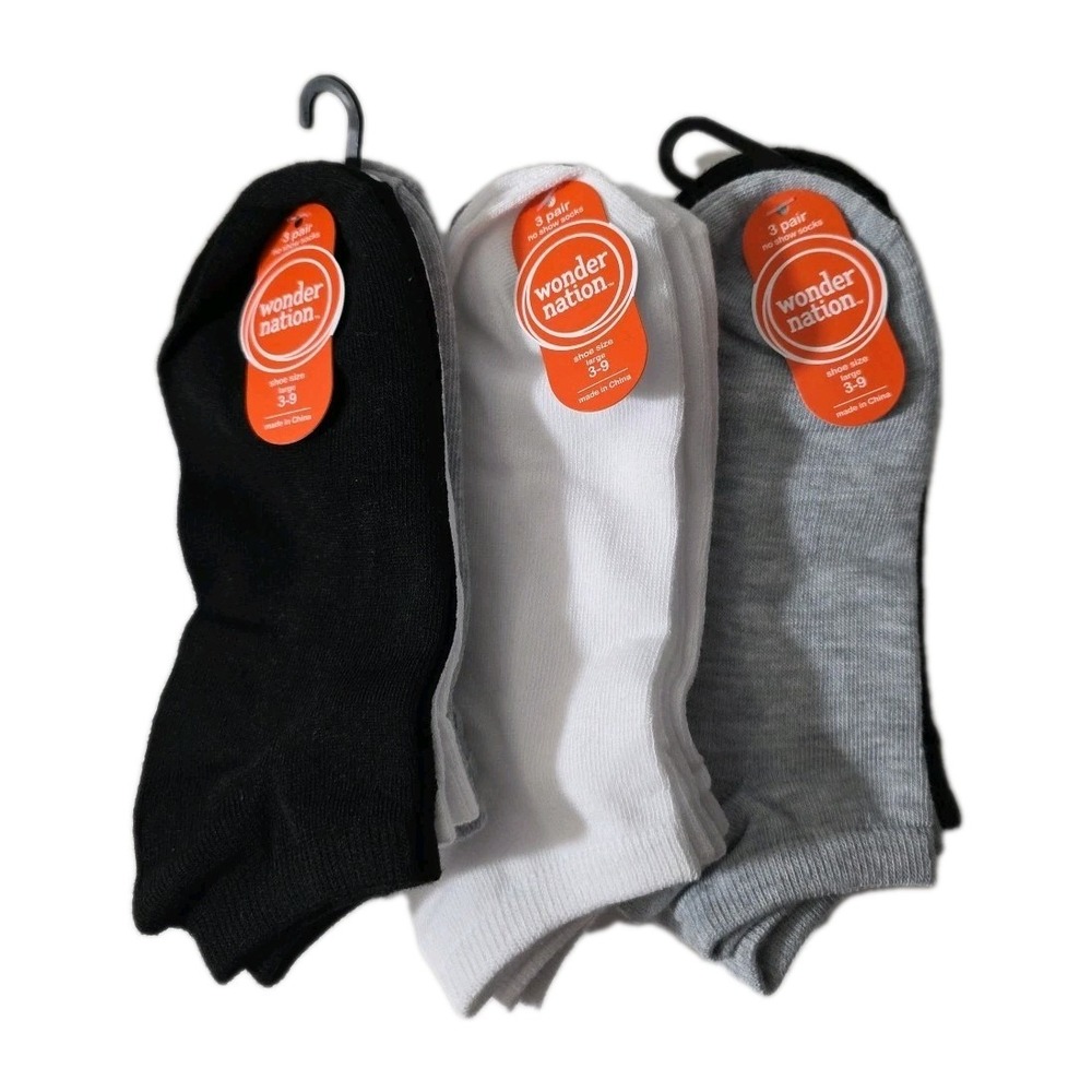 Lot of 3 Packs Wonder Nation Unisex No-Show Socks Size L (Shoe‎ 3-9) NWT 9 Total